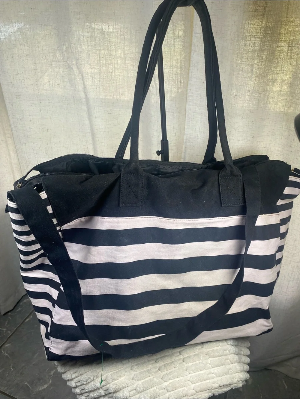 Victoria’s Secret Pink Black Striped Weekender Tote Bag Large Canvas Getaway